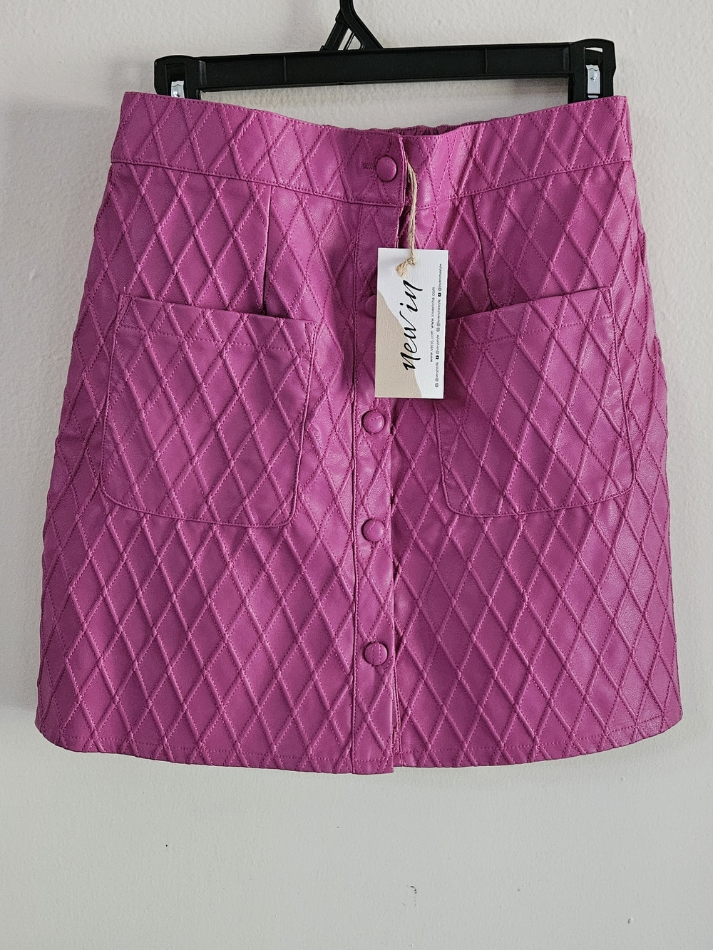 Hot Pink Quilted Button-Front Mini Skirt. Leather Looking, M Festival, Night out